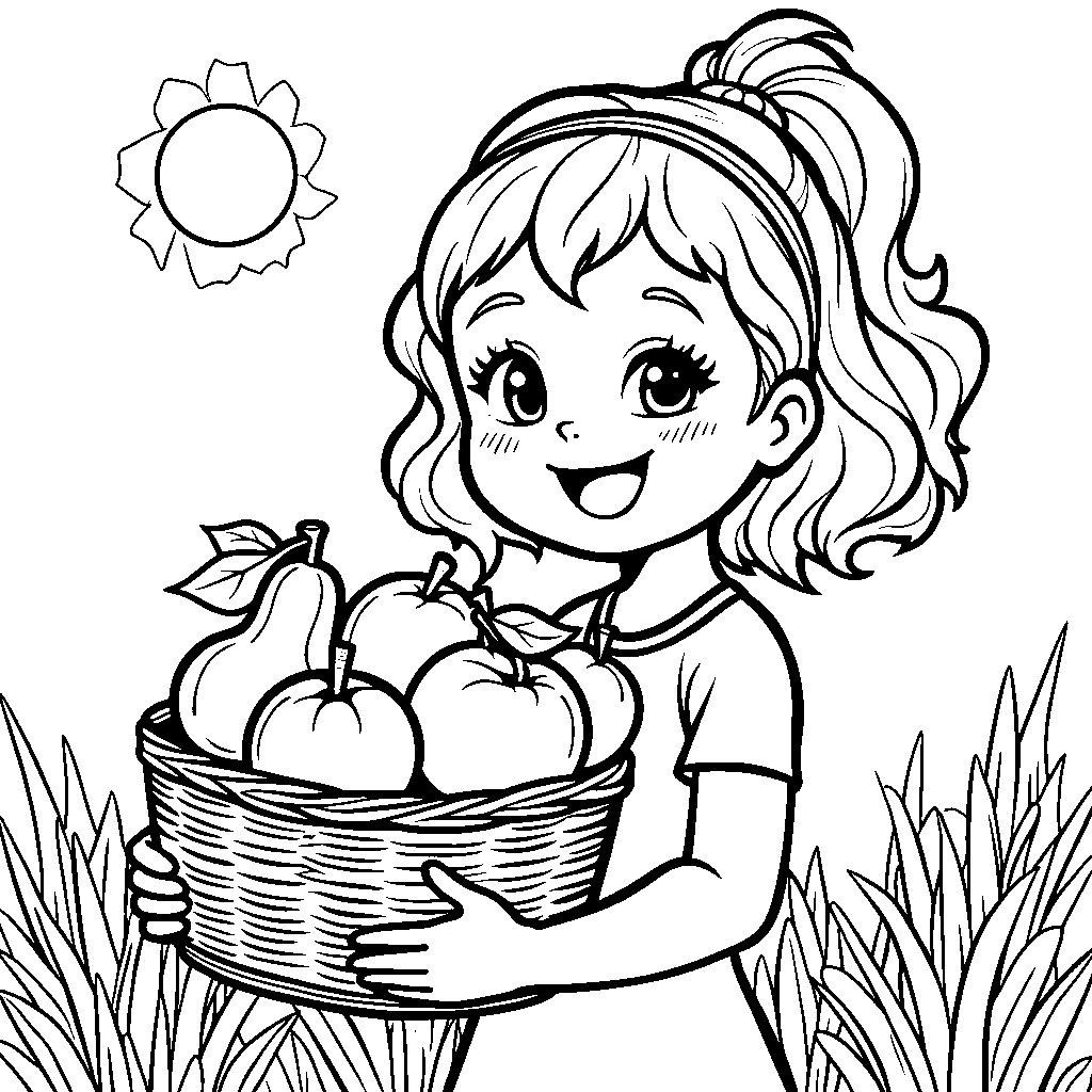 Girl with a big smile and a basket full of fresh fruit