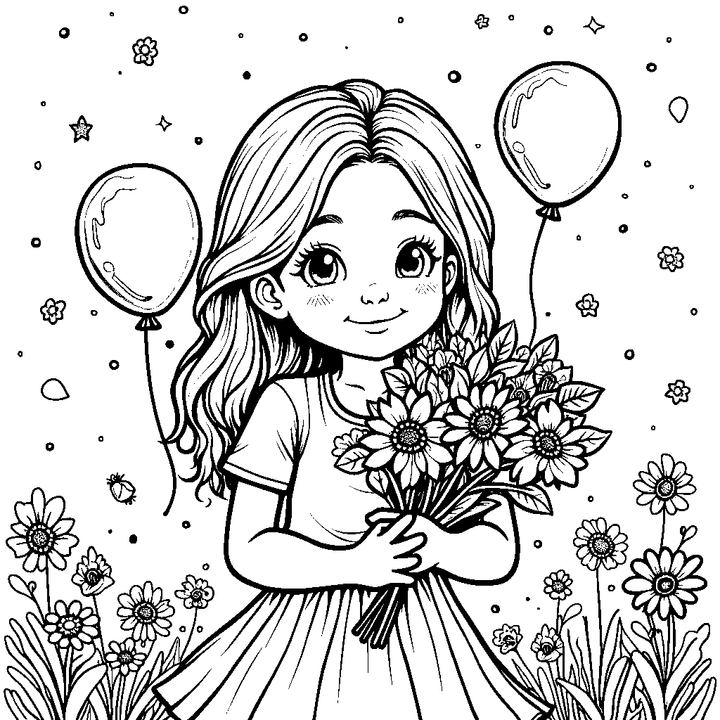 Girl with a big smile and a bouquet of colorful flowers