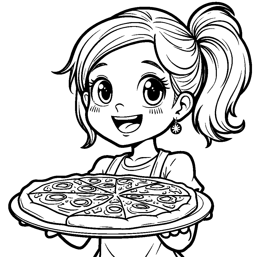 Girl with a big smile and a plate of delicious-looking pizza