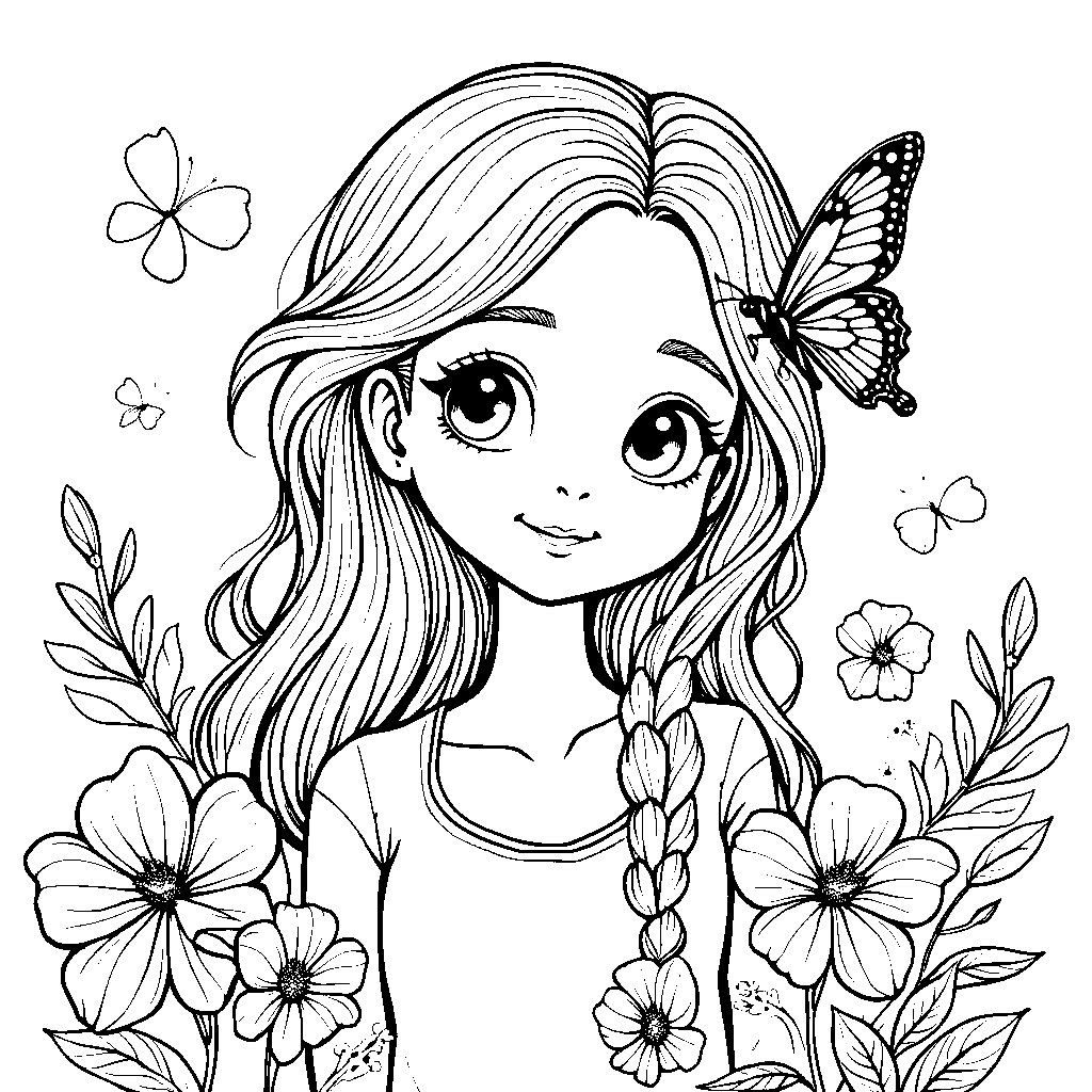 Girl with a butterfly perched on her shoulder and a gentle smile