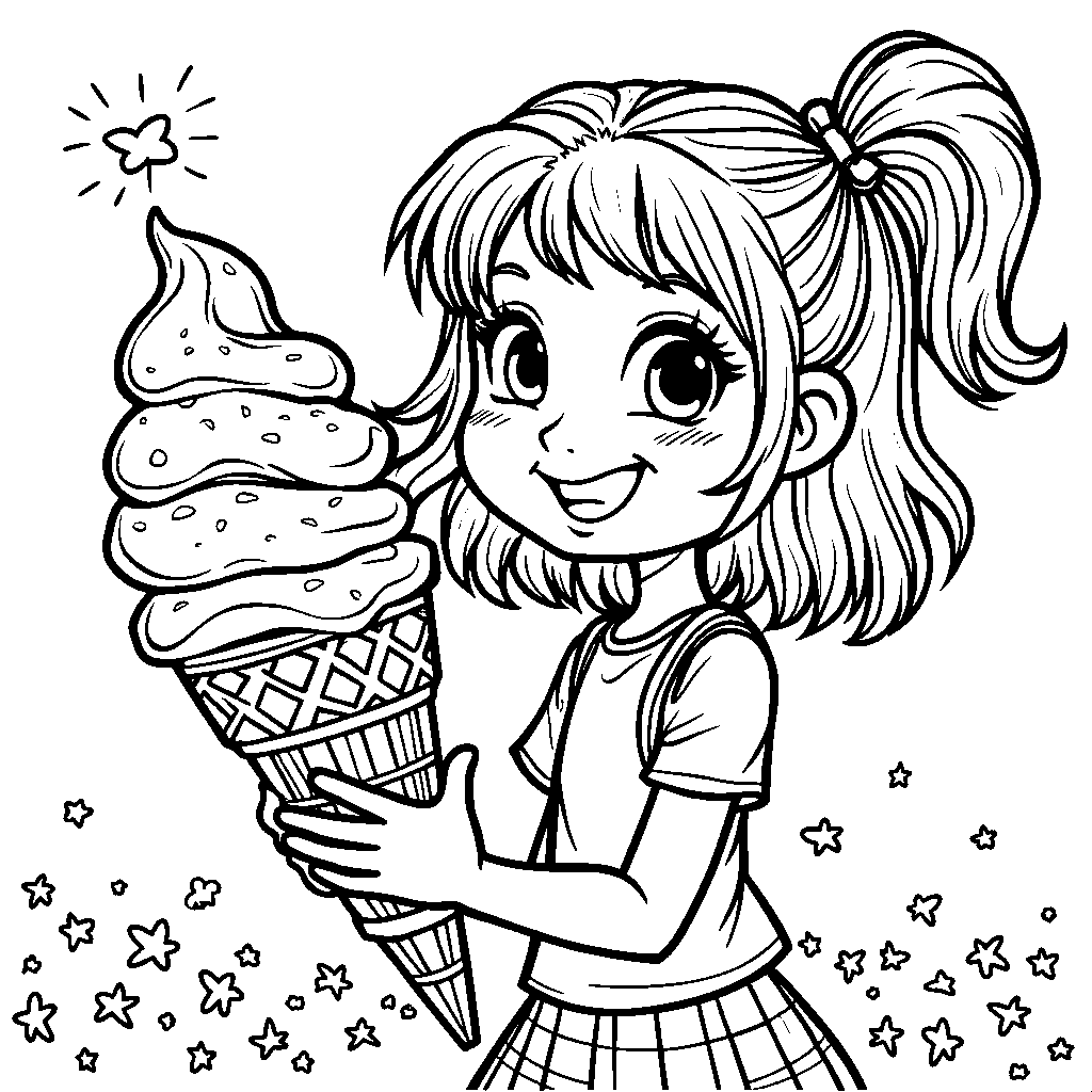 Girl with a giant ice cream cone and a happy face