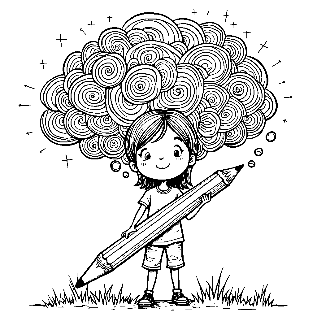 Girl with a giant pencil and a thought bubble filled with colorful ideas