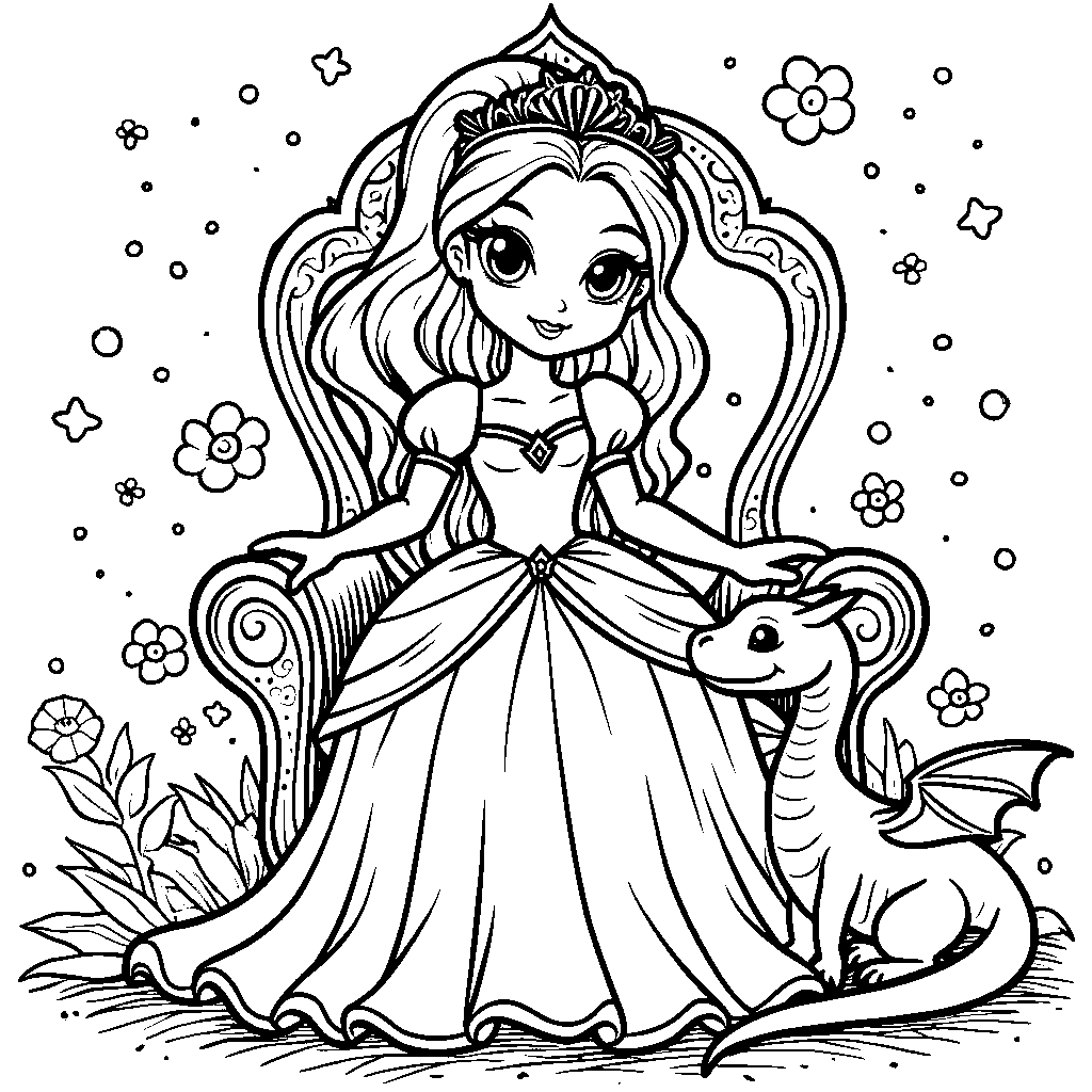 Princess anime girl with a sparkly tiara and a pet dragon