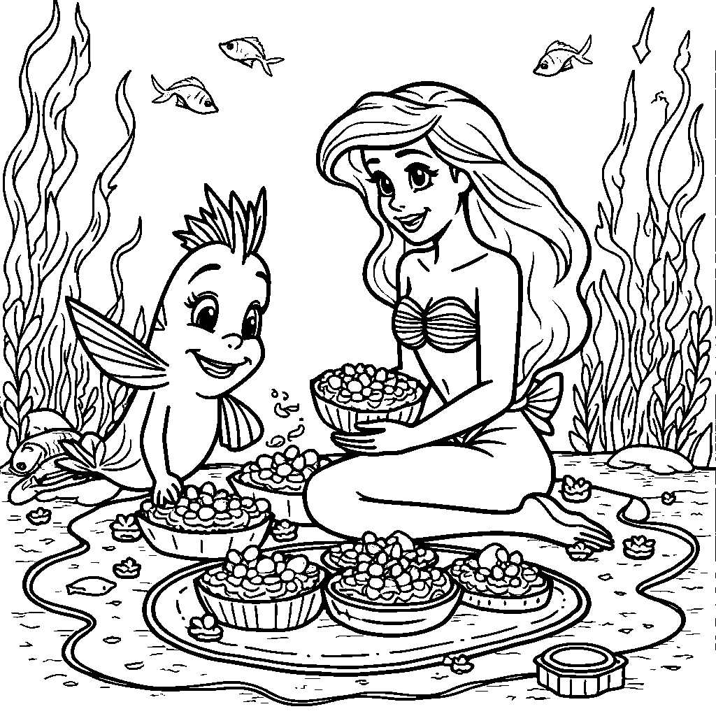 Ariel and Flounder having a picnic on the ocean floor