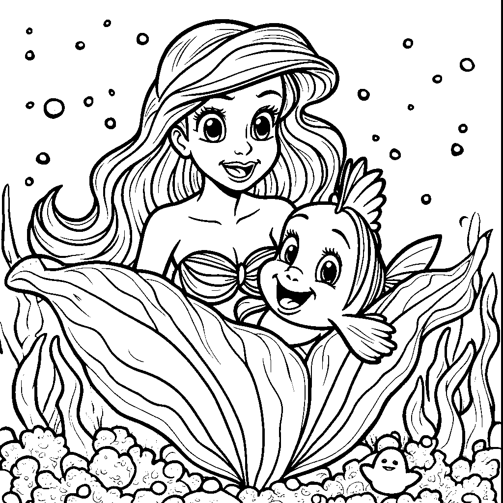 Ariel and Flounder peeking out from behind a giant seaweed leaf