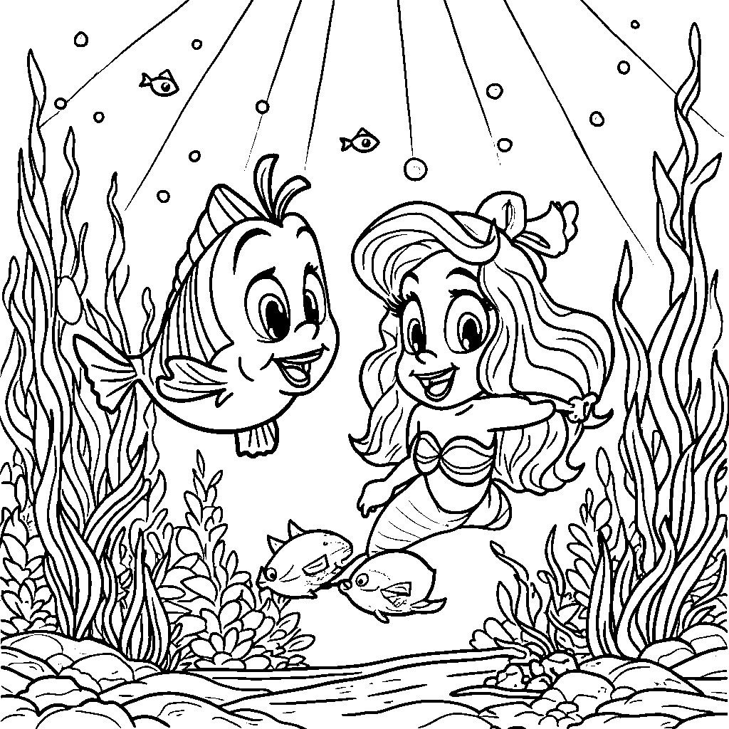 Ariel and Flounder swimming together through a school of fish