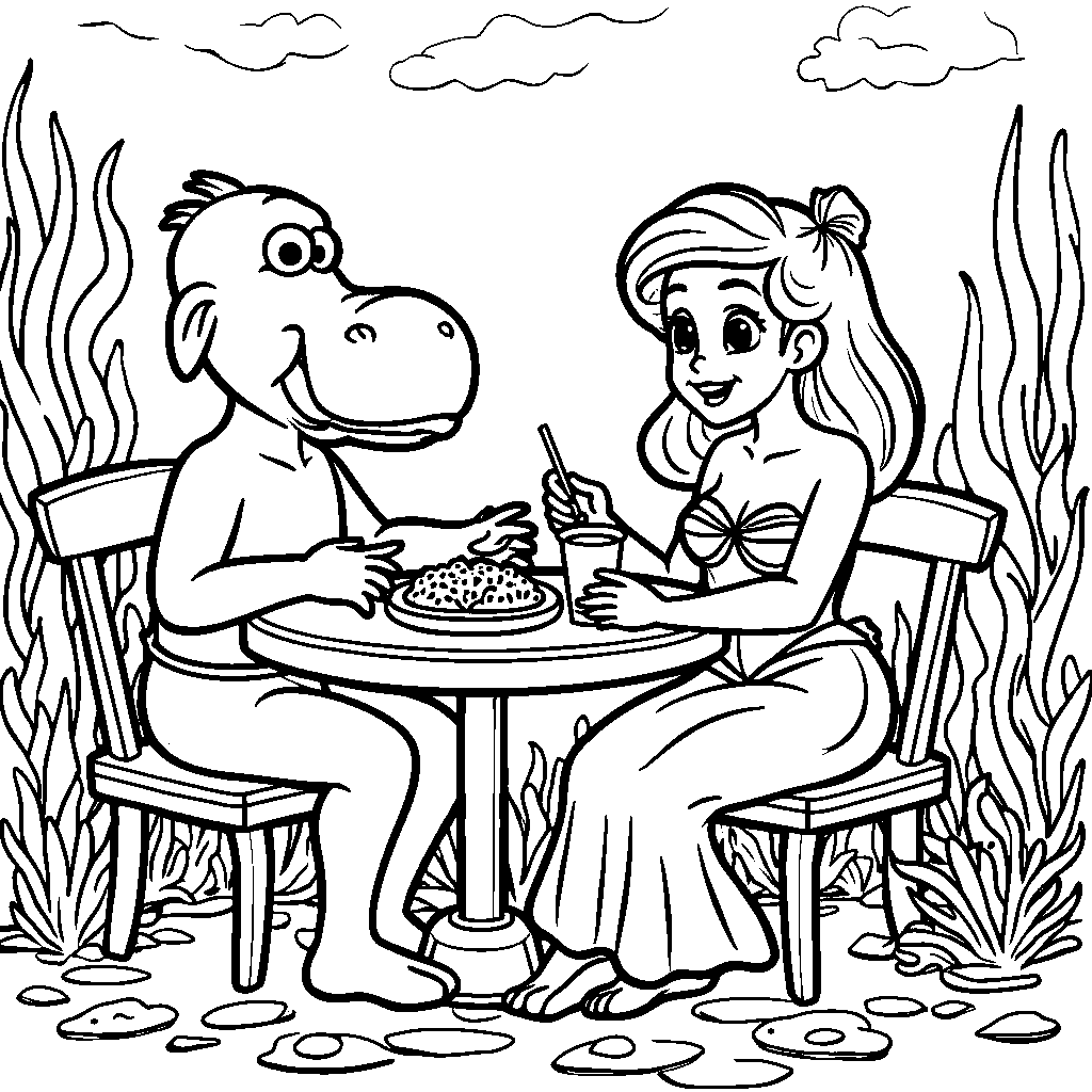 Ariel and Scuttle having a snack at an underwater café