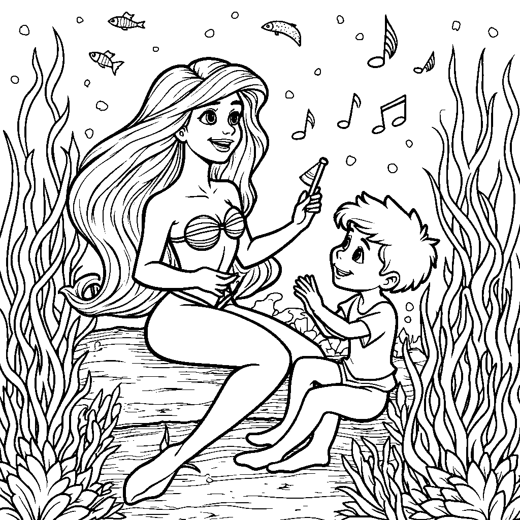 Ariel and Sebastian playing music together in the ocean