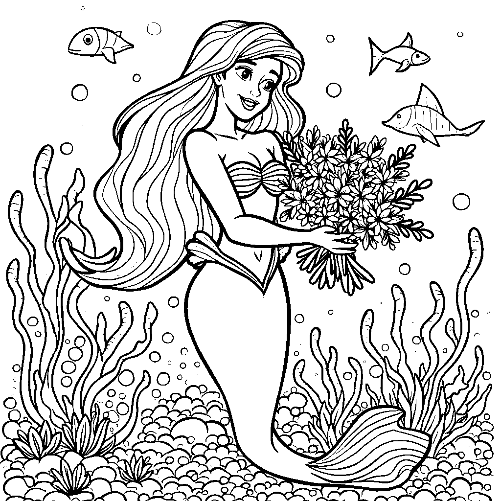 Ariel holding a bouquet of colorful seaweed flowers