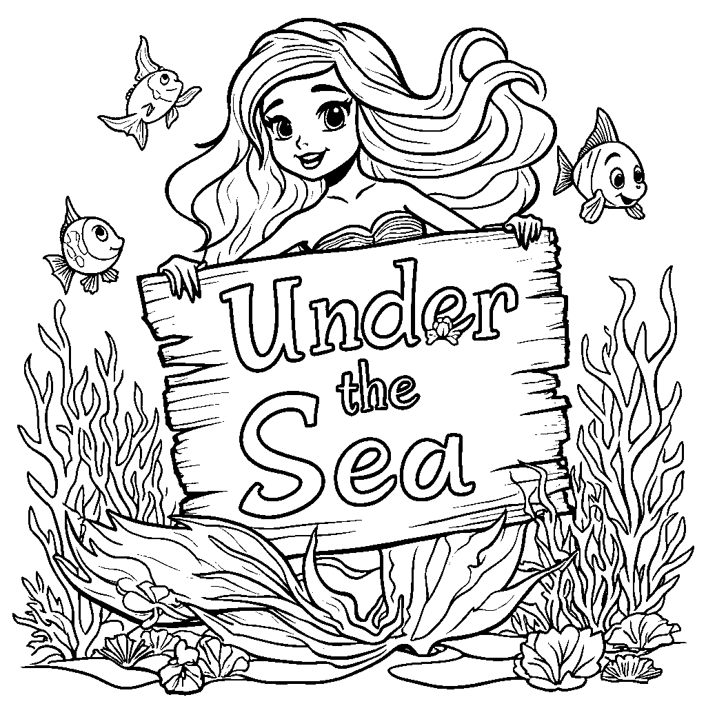 Ariel holding a sign that says 'Under the Sea'