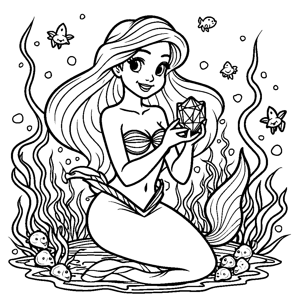 Ariel holding a sparkly ocean gem, smiling at the camera