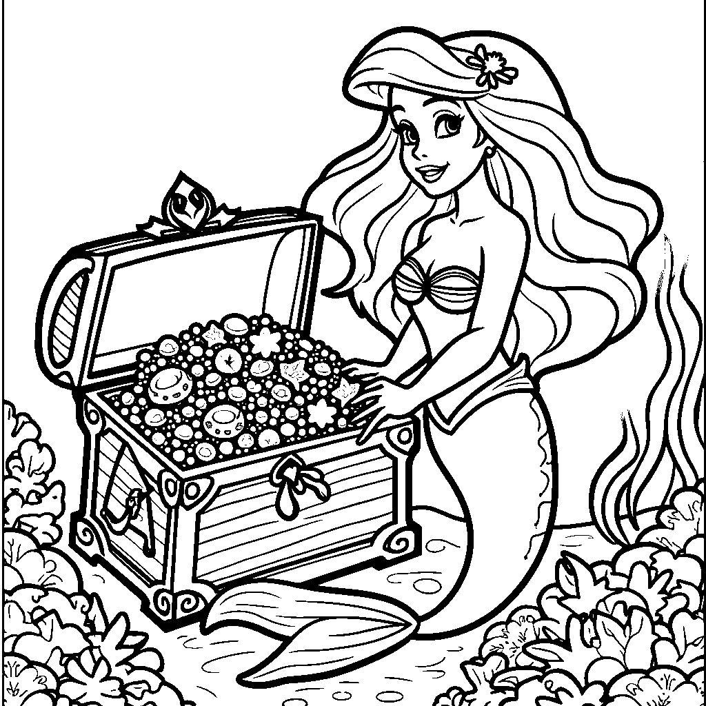 Ariel holding a sparkly treasure chest overflowing with jewels