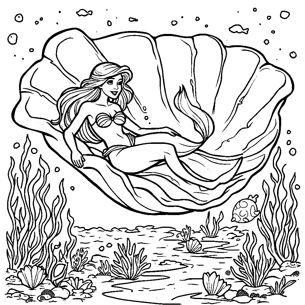 Ariel riding a giant clamshell like a slide