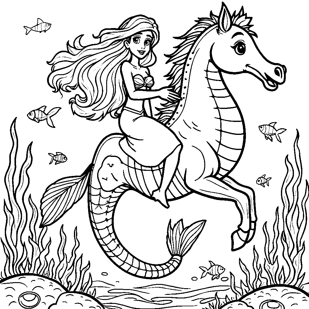 Ariel riding a giant seahorse, soaring through the ocean