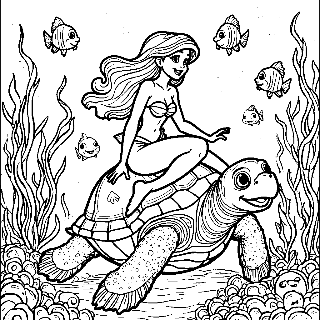 Ariel riding a sea turtle through the ocean