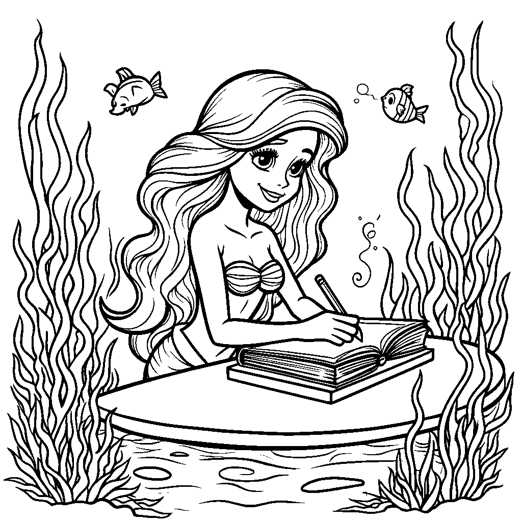 Ariel sitting at a desk, writing in an underwater journal