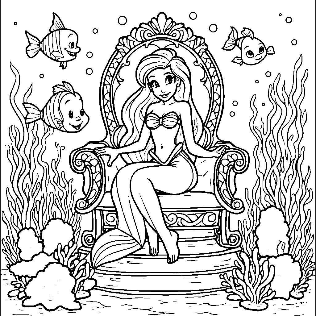 Ariel sitting on a throne, surrounded by her underwater kingdom