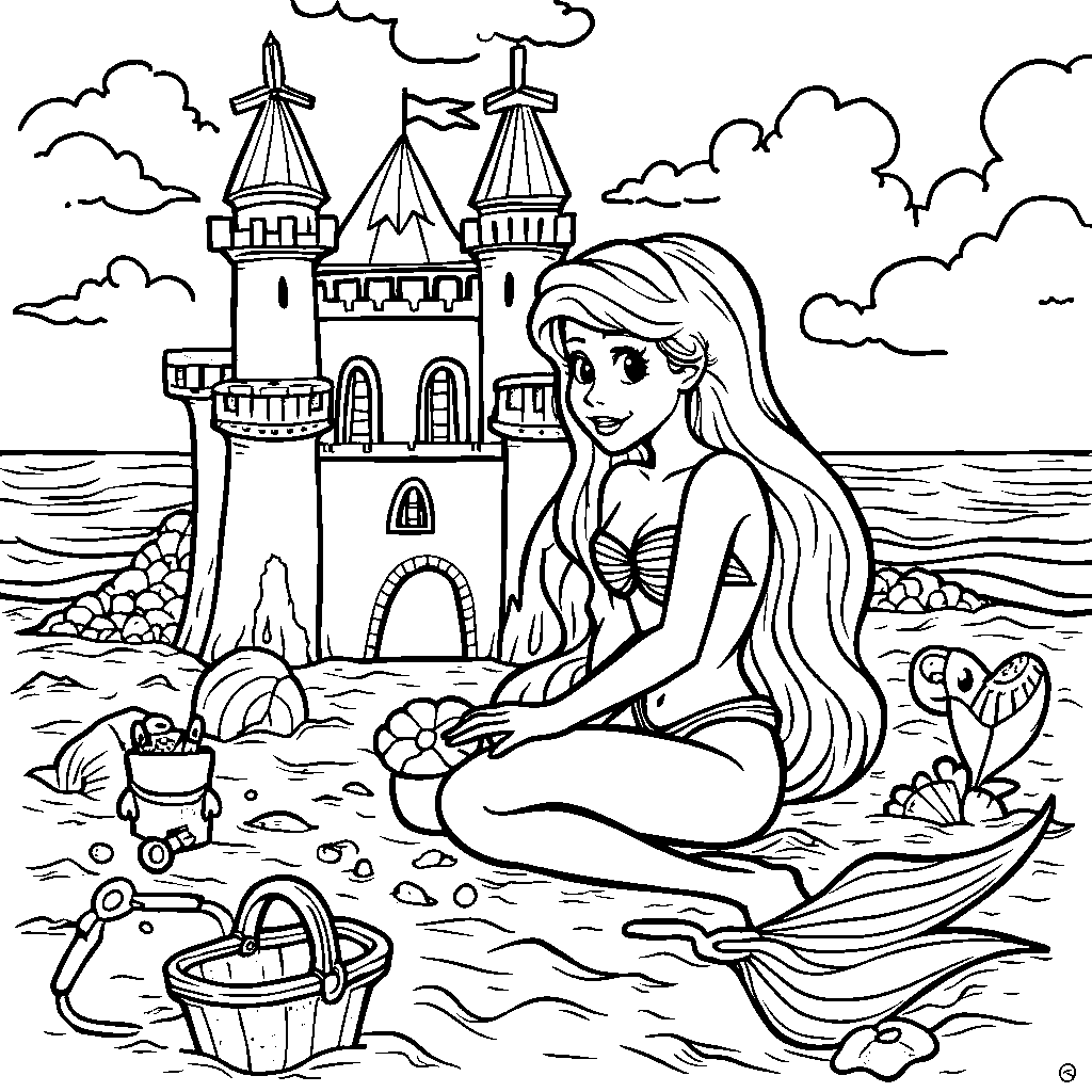 Ariel sitting on the beach, building a sandcastle