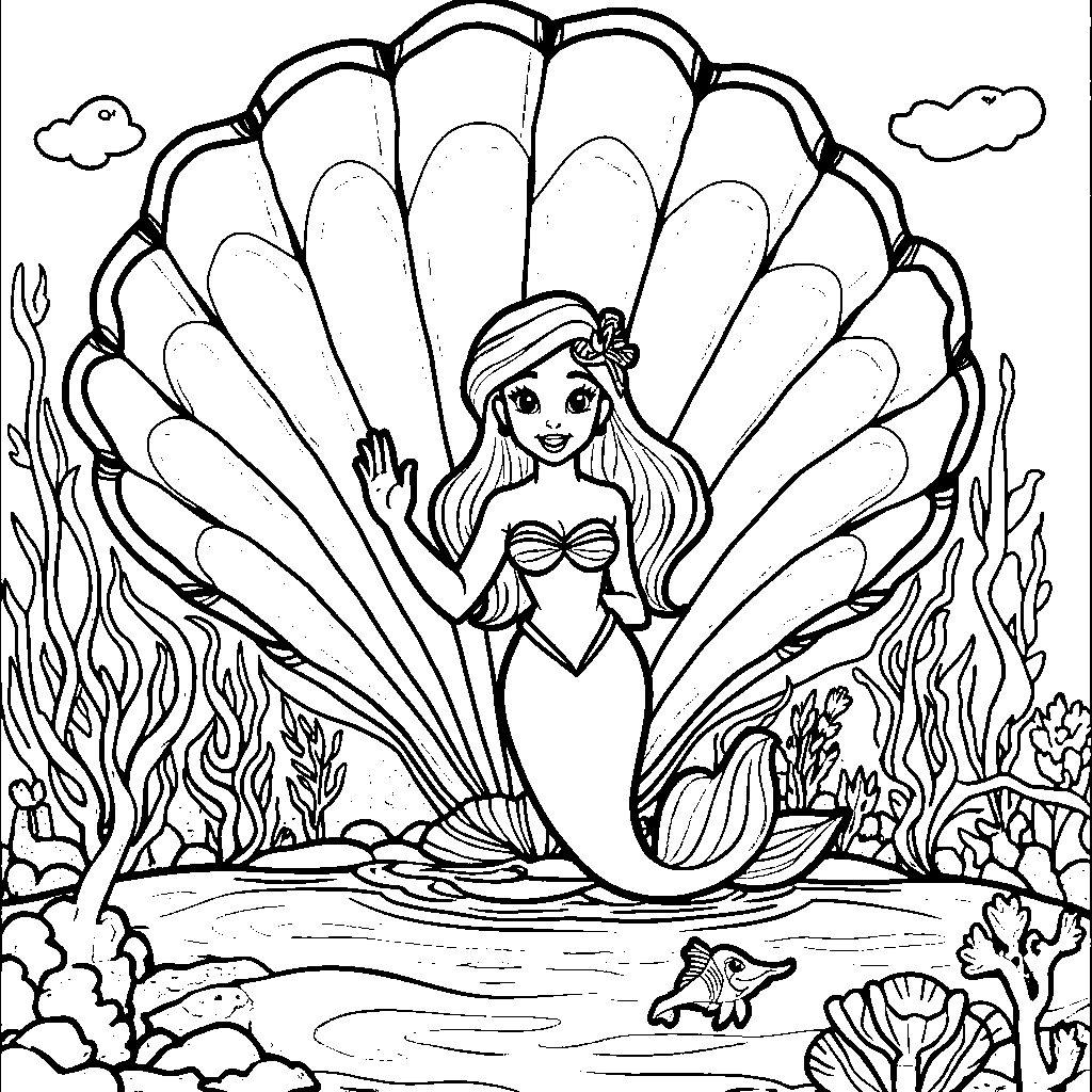 Ariel standing in front of a giant clamshell, waving to her friends