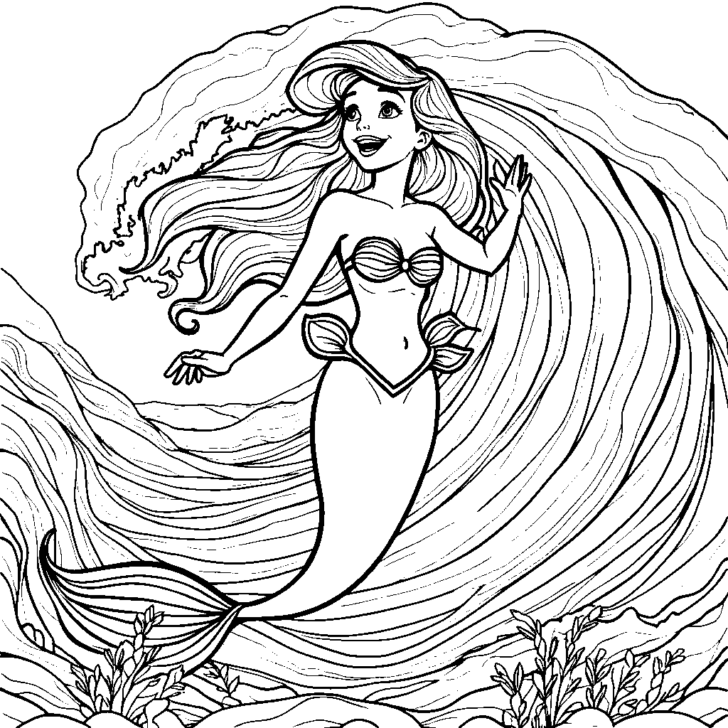 Ariel standing in front of a giant ocean wave, laughing