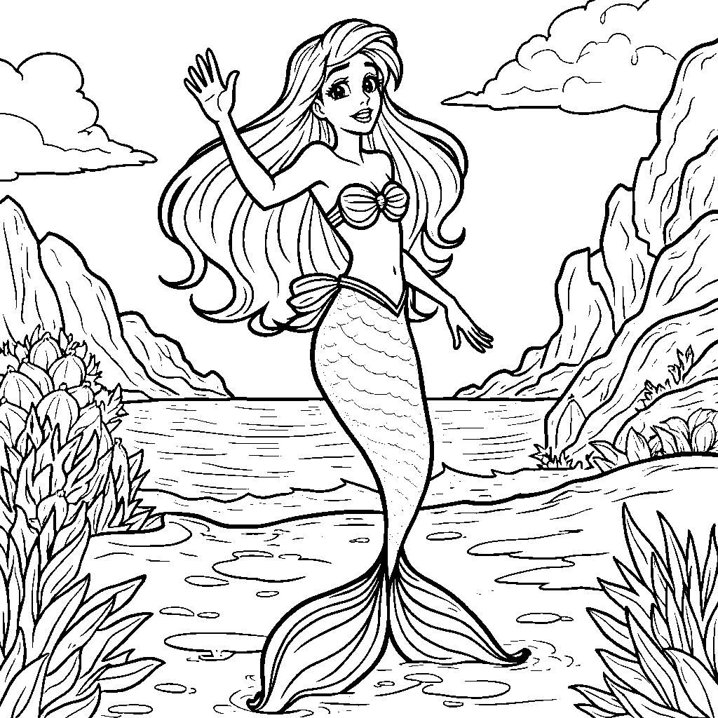 Ariel standing on the beach, waving goodbye to her friends