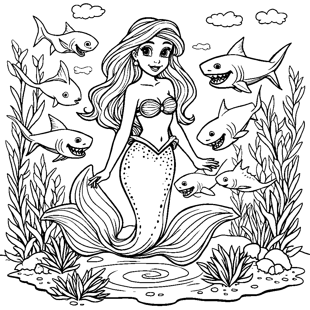 Ariel surrounded by a group of friendly sharks