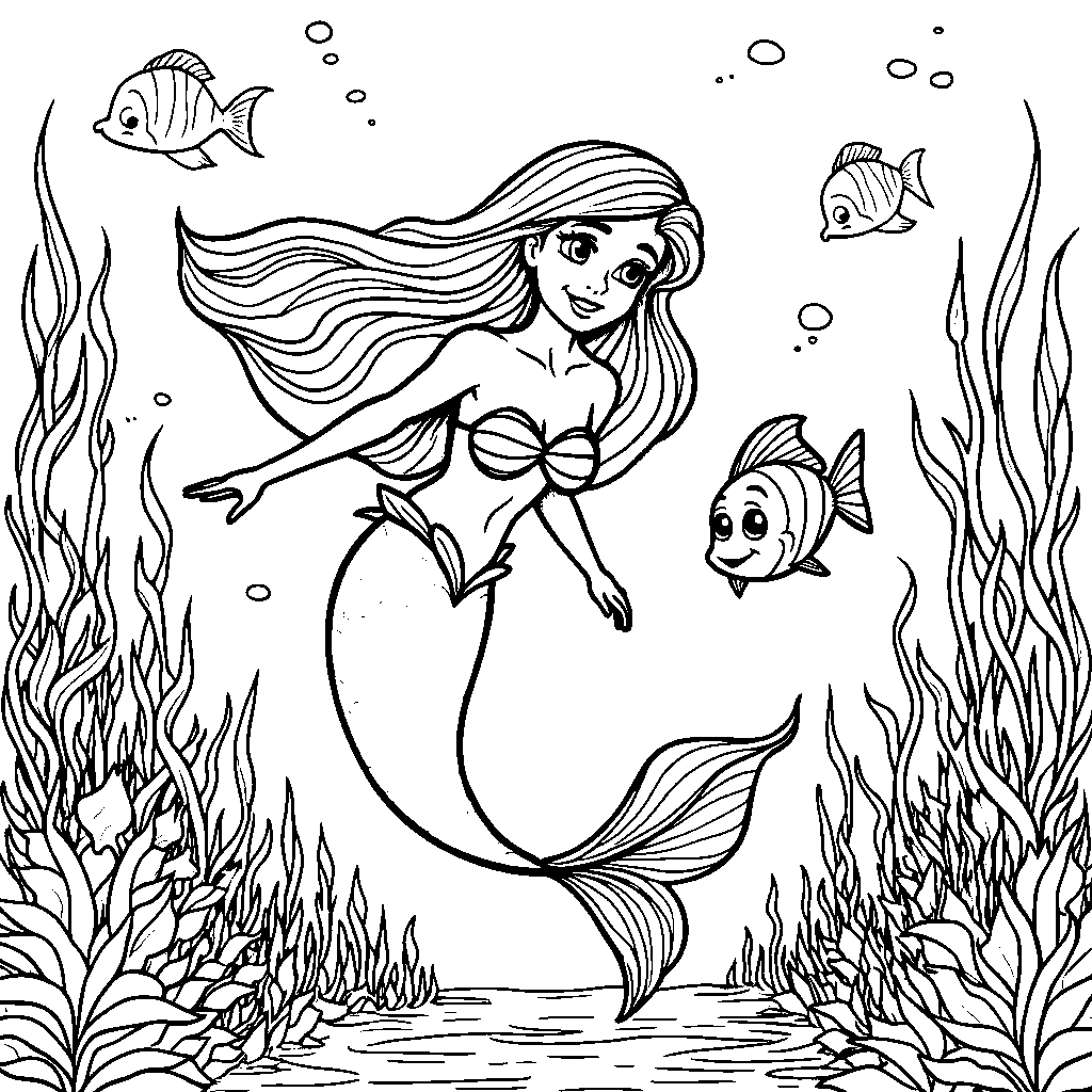 Ariel swimming through a kelp forest, chasing after fish