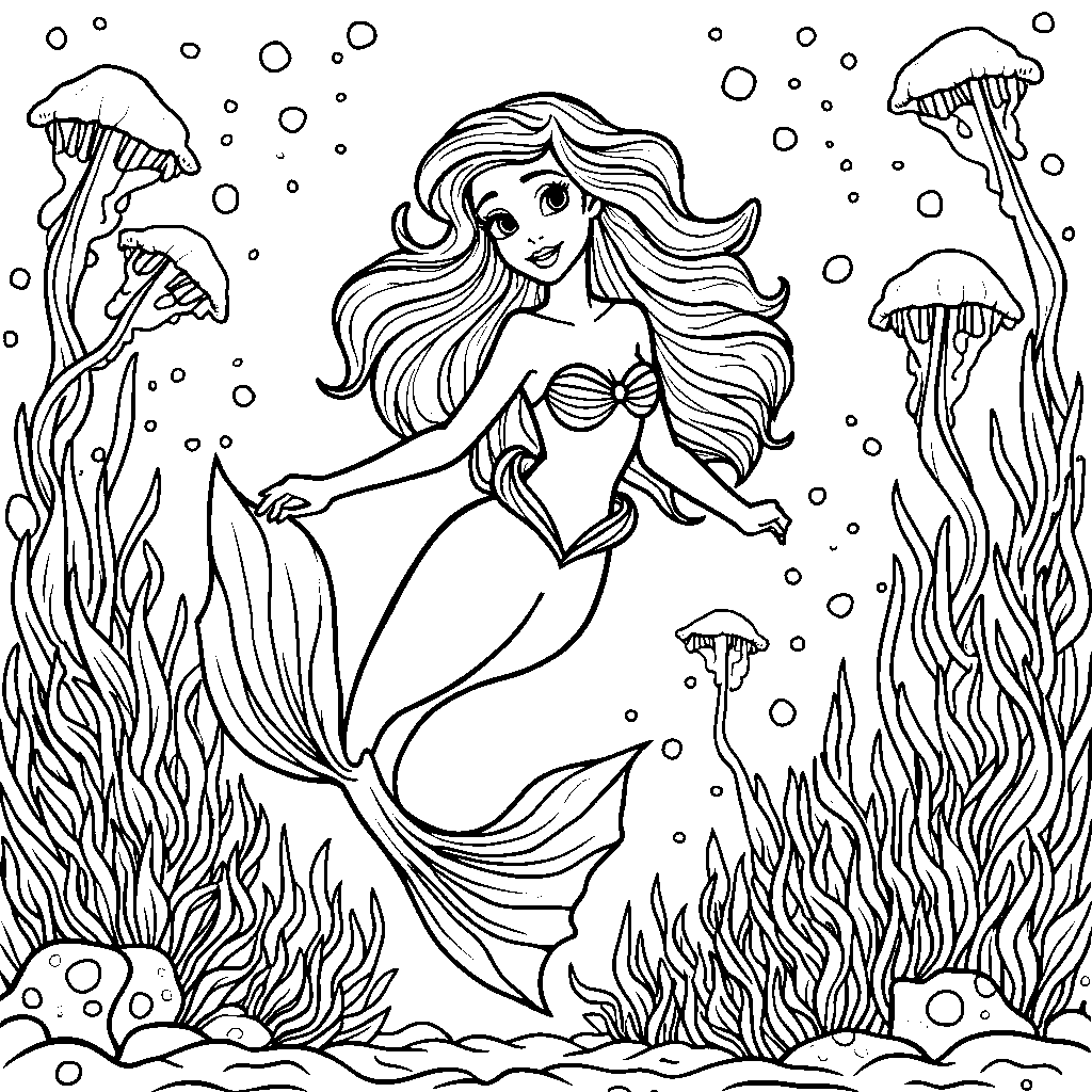 Ariel swimming through a tunnel of sparkling jellyfish