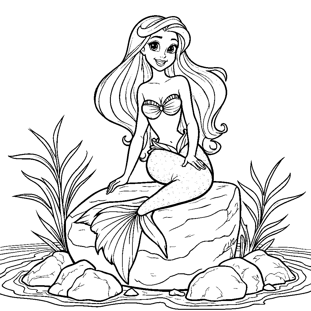 Ariel wearing a mermaid tail, sitting on a rock