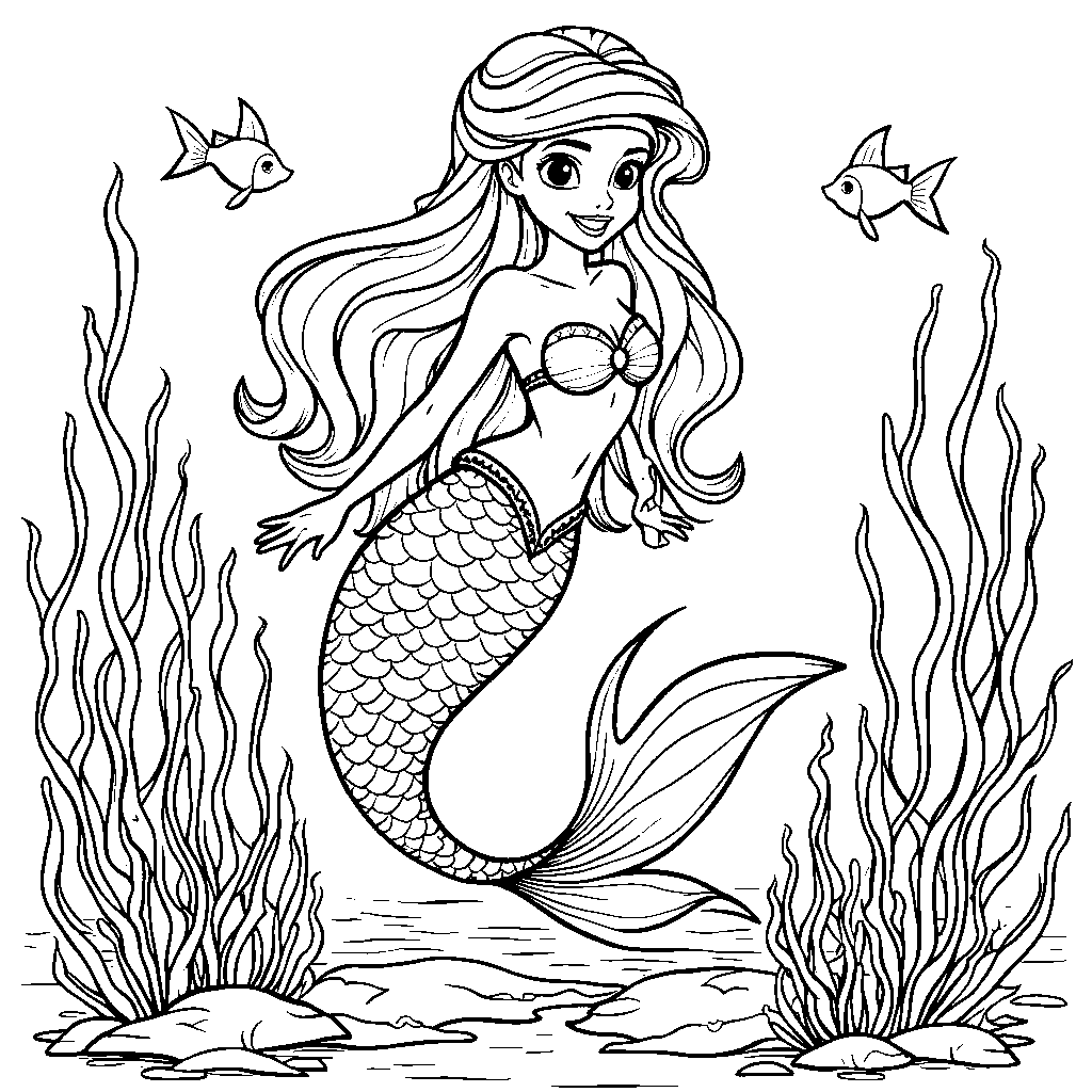 Ariel wearing a mermaid tail, surrounded by glittering scales