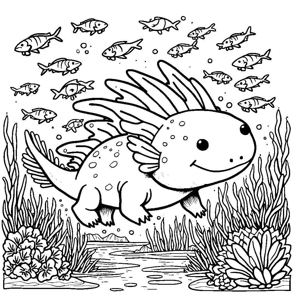 A giant axolotl surrounded by tiny fish friends