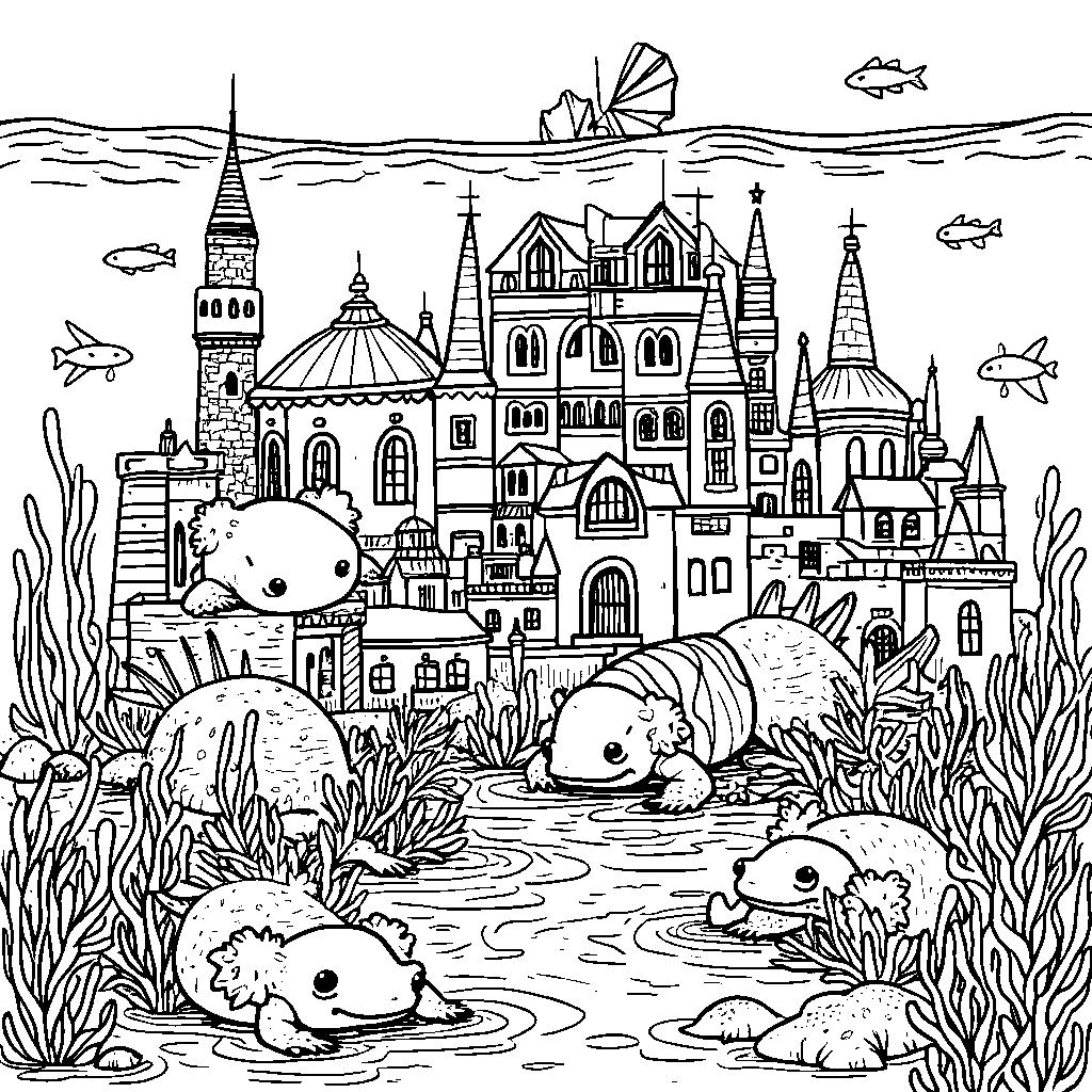 A group of axolotls building an underwater city