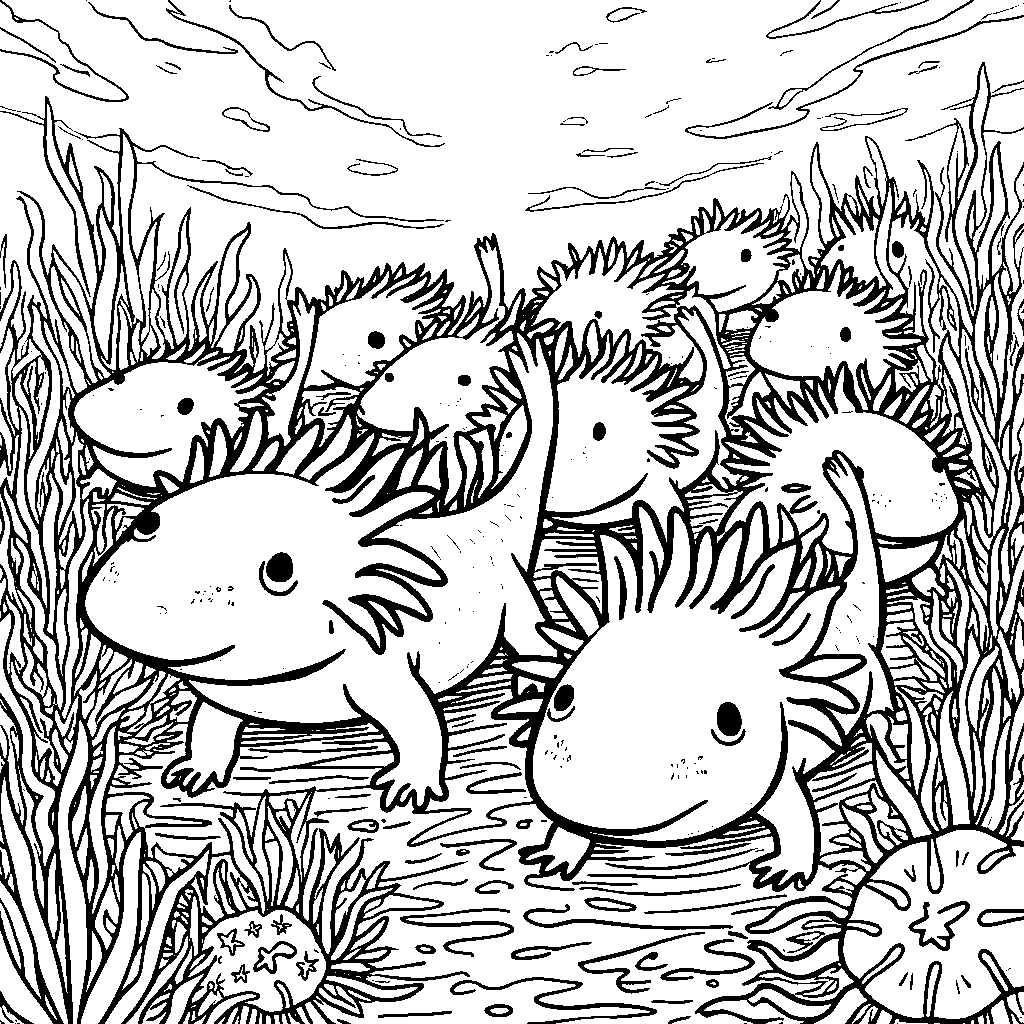 A group of axolotls forming a conga line through the ocean