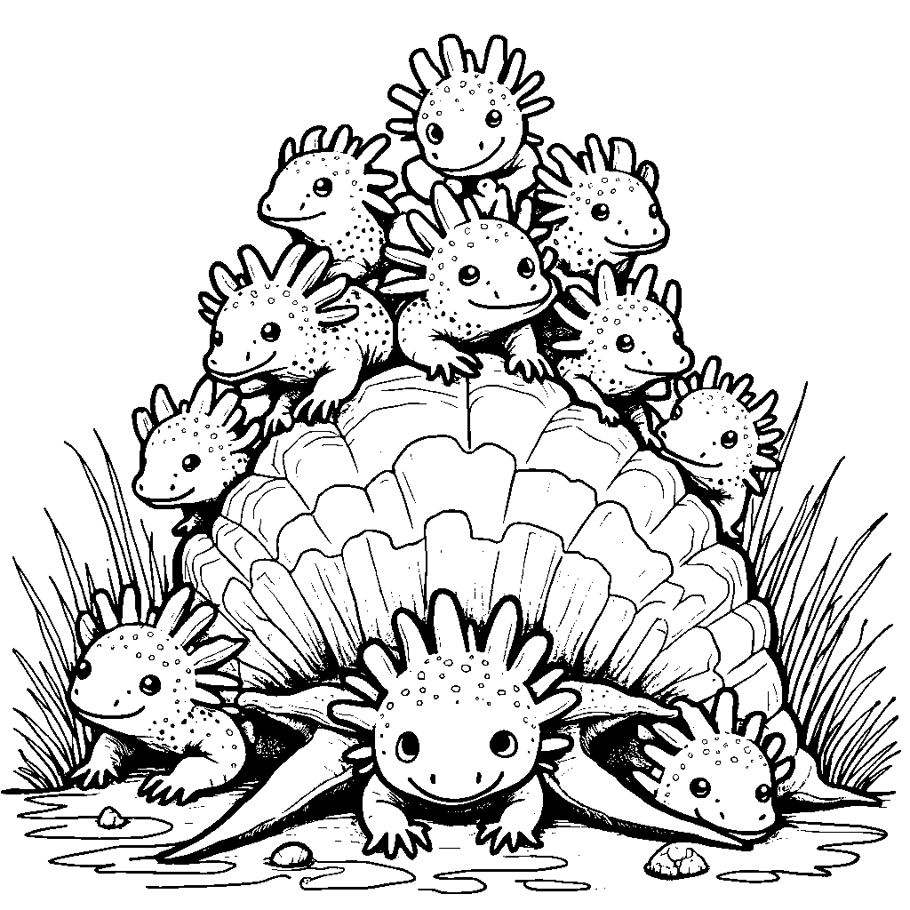 A group of axolotls forming a pyramid on top of a giant shell