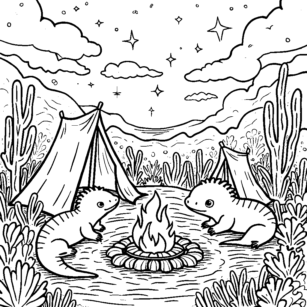 A group of axolotls having a backyard campout in a coral reef