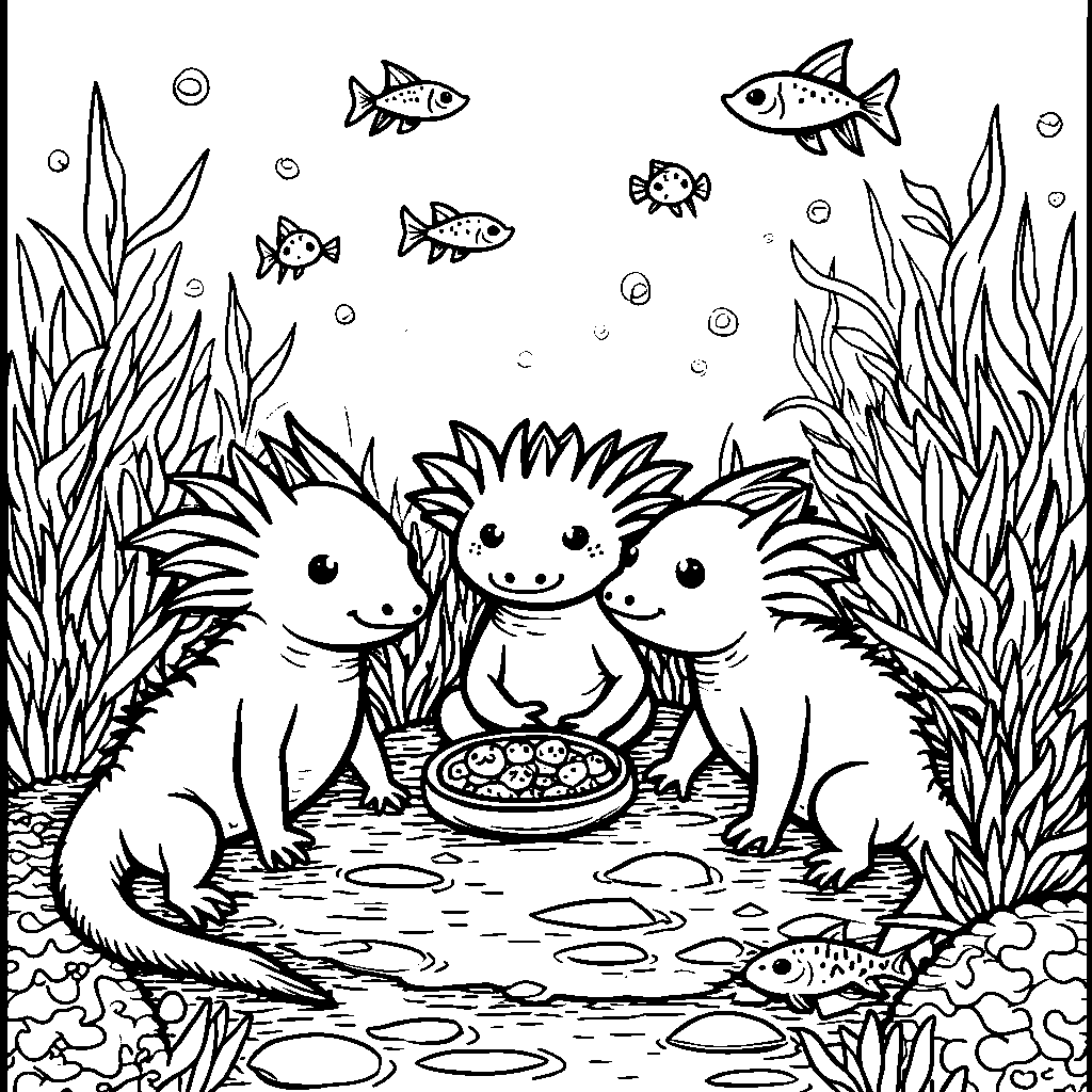 A group of axolotls having a picnic in an underwater garden