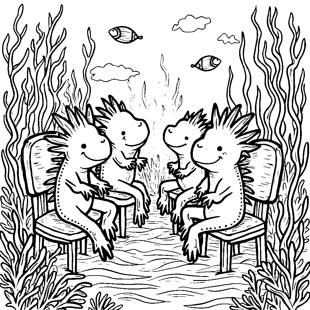 A group of axolotls playing musical chairs with seaweed