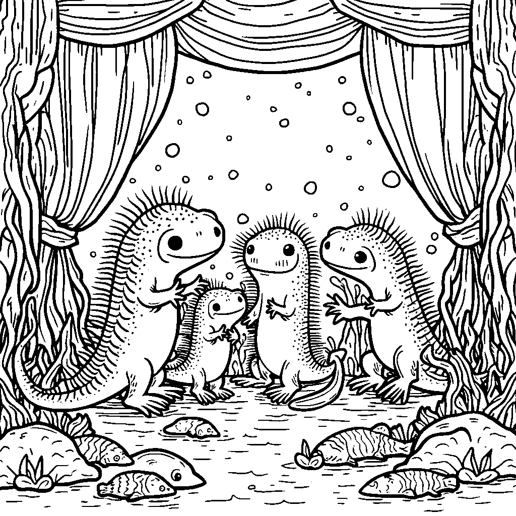 A group of axolotls putting on a puppet show in a coral reef theater