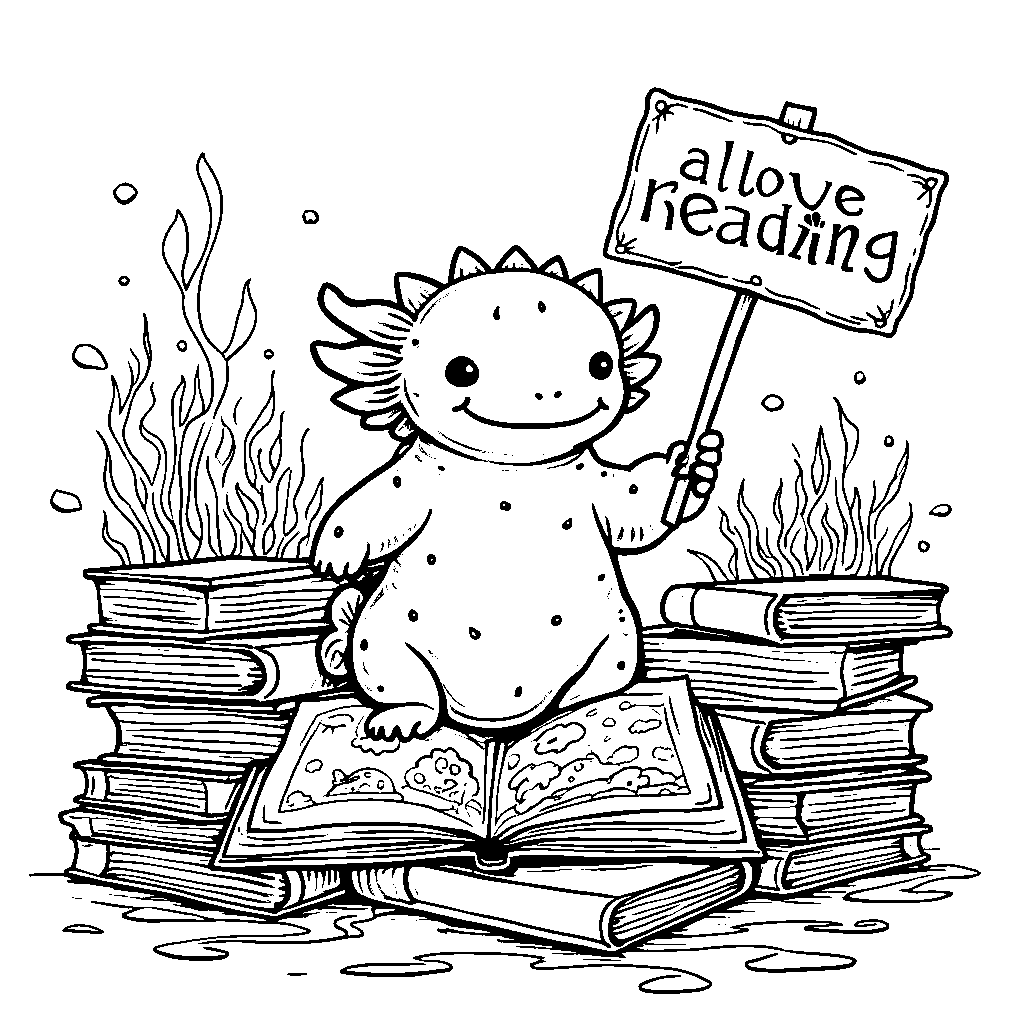 An axolotl holding a 'I love reading' sign surrounded by books