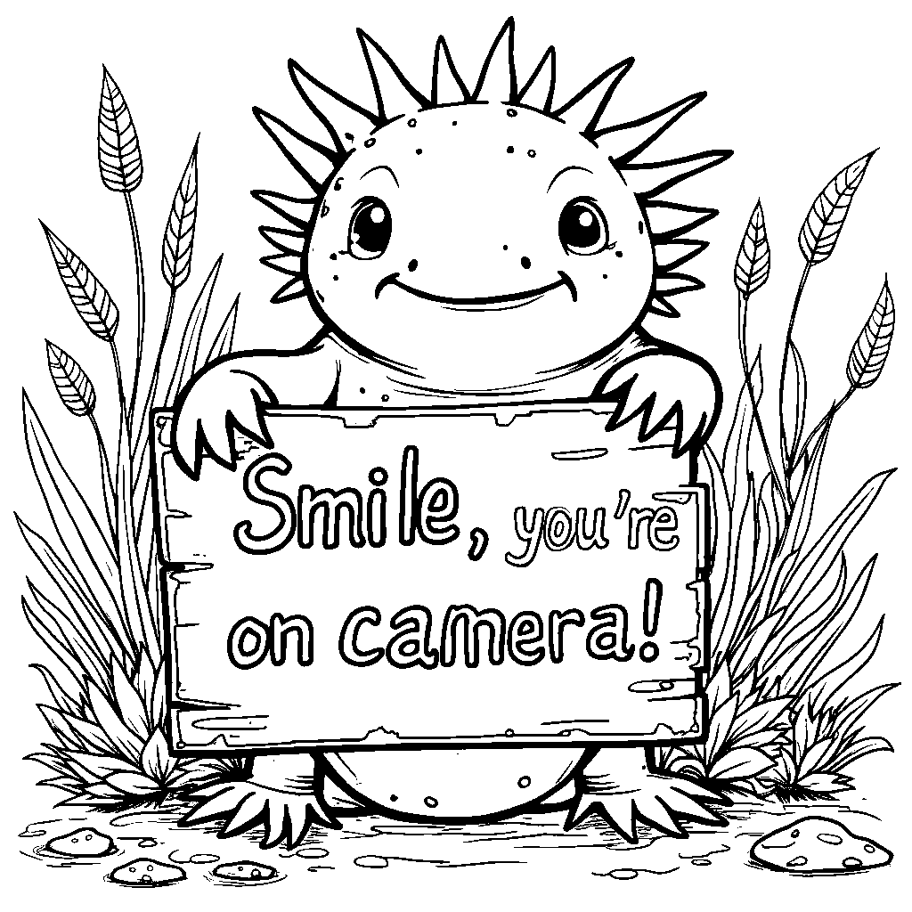 An axolotl holding a 'Smile, you're on camera!' sign