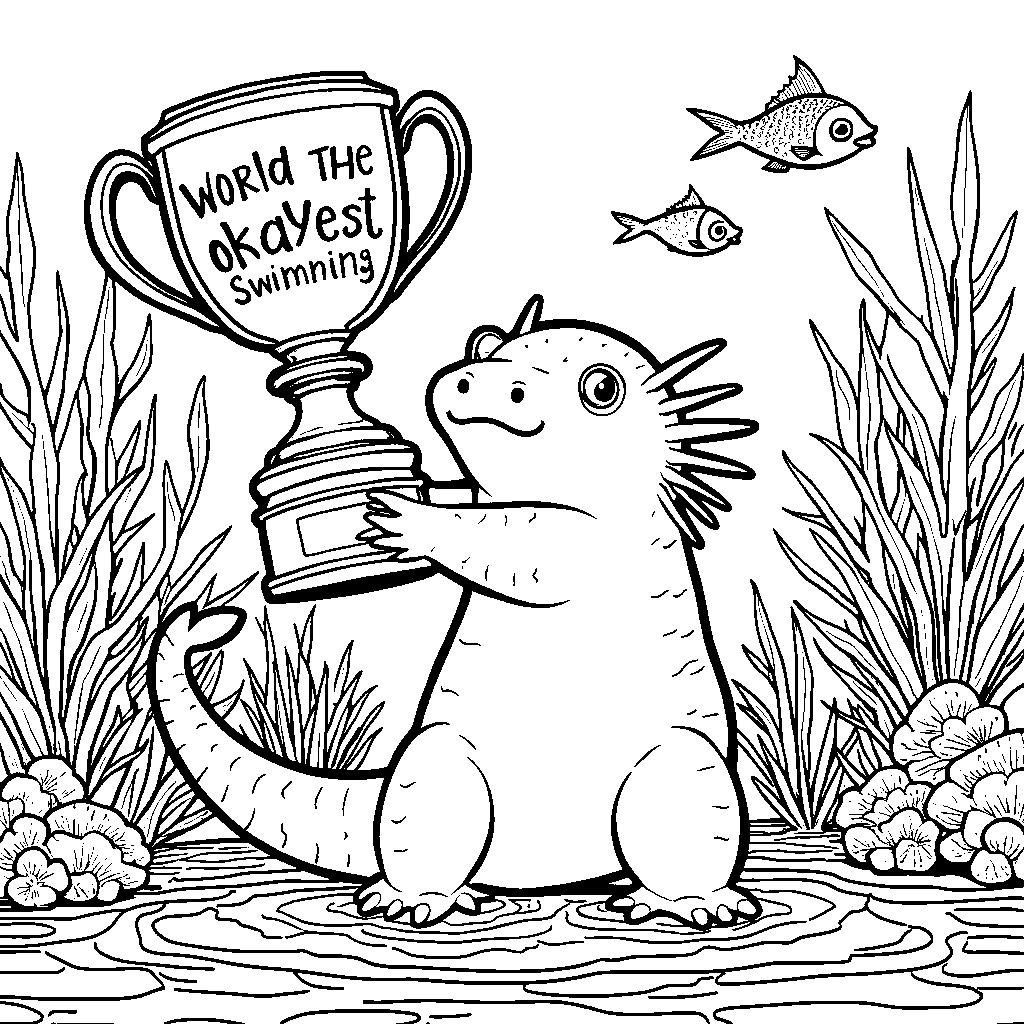 An axolotl holding a 'World's Okayest Swimmer' trophy