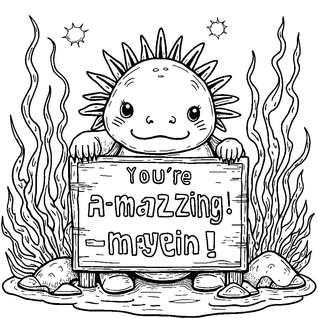 An axolotl holding a 'You're a-maze-ing!' sign surrounded by seaweed