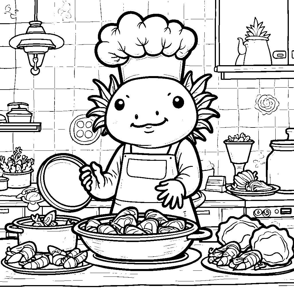 An axolotl in a chef's hat cooking up a seafood feast