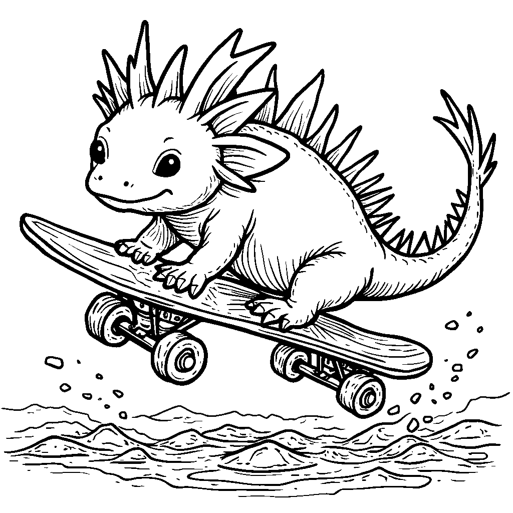 An axolotl riding a giant clamshell like a skateboard