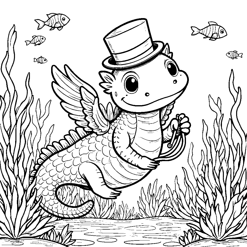 An axolotl riding a seahorse like a horse