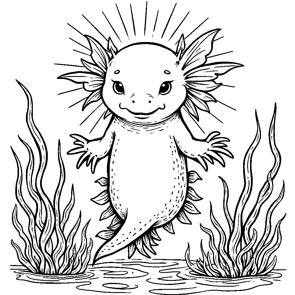 An axolotl surrounded by a halo of light and seaweed