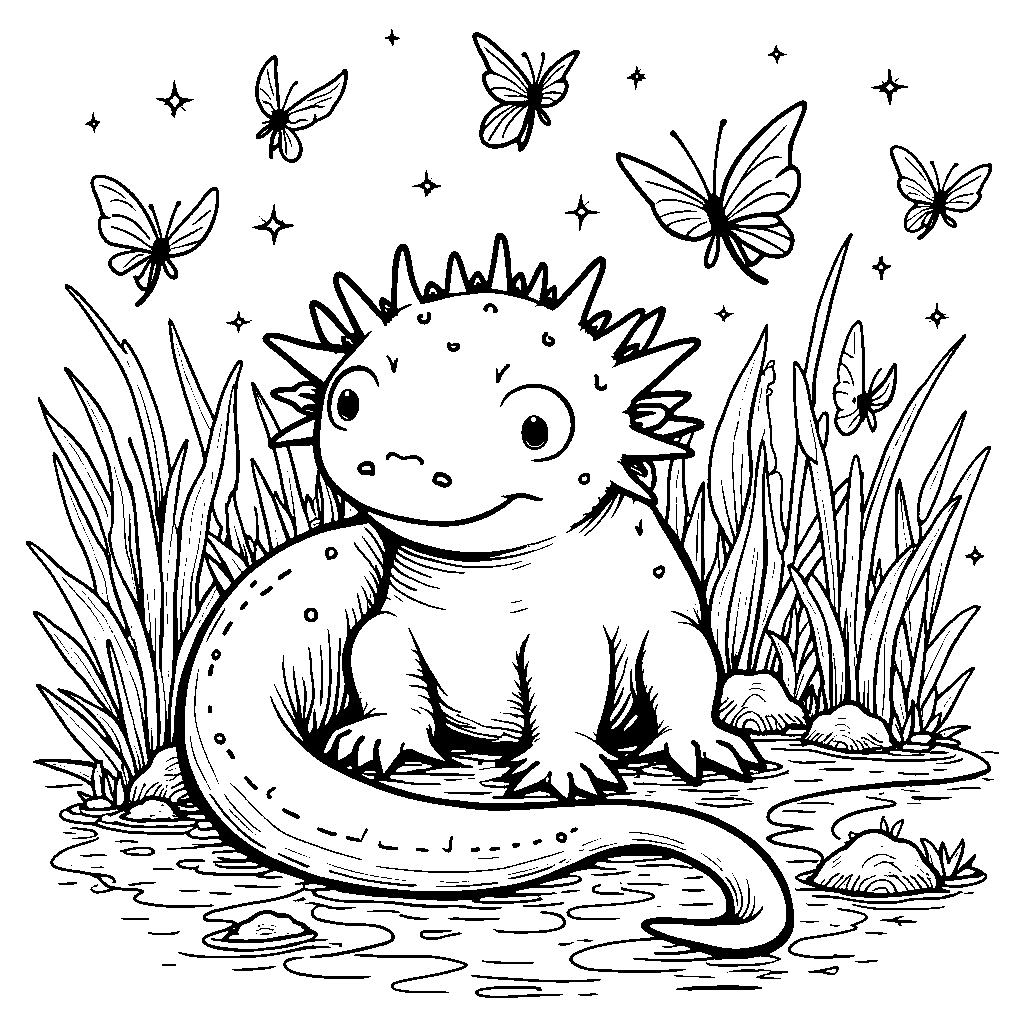 An axolotl surrounded by a swarm of sparkling fireflies