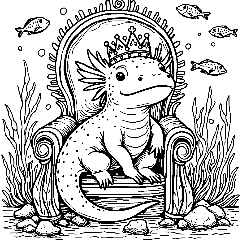 An axolotl wearing a crown and sitting on an underwater throne