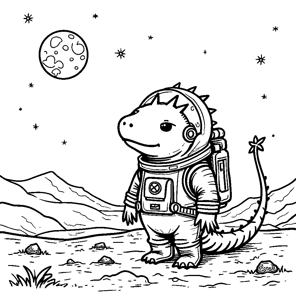 An axolotl astronaut exploring the moon's surface