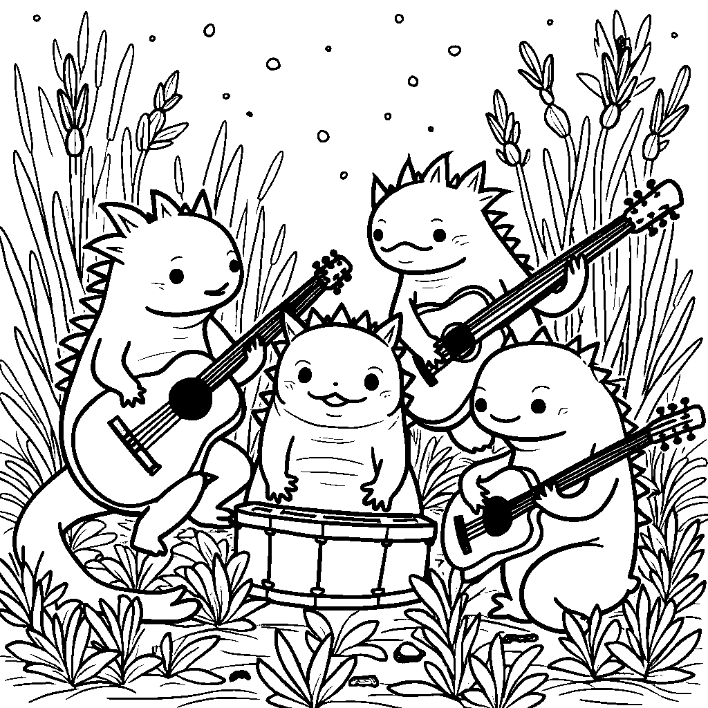 Axolotl friends playing musical instruments in a band